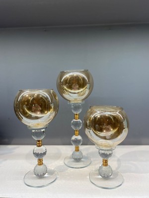 Şık Kristal Cam Üçlü Top Şamdan, Altın Renkli, Dekoratif ve Zarif Tasarım