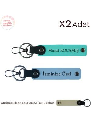 Yılbaşı Için Şık Armağan, Isim & Soyisim Yazılı 2’li Anahtarlık Seti, Gök Mavi-Turkuaz-Sütlü Kahve