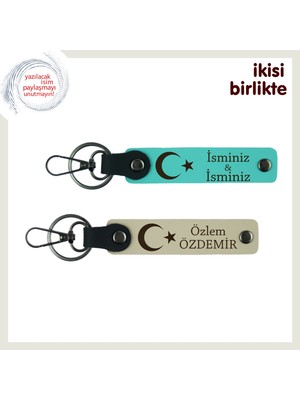 Sevdiklerine Değerli Bir Hediye, Ay Yıldız Temalı Kişiye Özel Anahtarlık Seti, Turkuaz-Sütlü Kahve