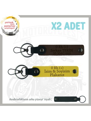 Ilk Motoru Olana Hediye, Isim Plaka ve 0 Rh (+) Kan Grubu Yazılı 2'li Anahtarlık, Sarı-K Kahve-Syh