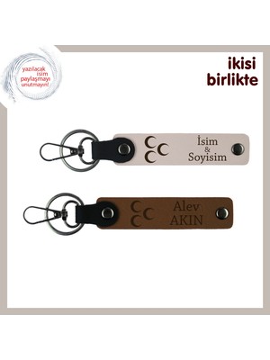 Sevgilinin Ismiyle Özelleşen Hediye – Üç Hilal Temalı Deri Anahtarlık Seti, Pudra-Kahve
