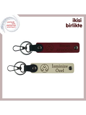 Vatan Temalı Sevgiliye Hediye – Üç Ayyıldızlı, Isimli 2’li Deri Anahtarlık Seti, Bordo-Sütlü Kahve