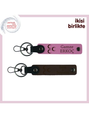 Sevgiliye Üç Hilal Temalı Armağan – Isim Yazılabilir Deri Anahtarlık Seti, Pembe-Kahve