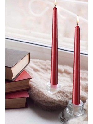 2'li Kırmızı Metalik Uzun Konik Şamdan Mum Takımı