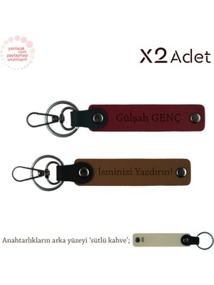 Çiftlere Anlamlı Hediye, Isim Soyisimli 2’li Anahtarlık Seti, Açık Kahve-Bordo-Sütlü Kahve