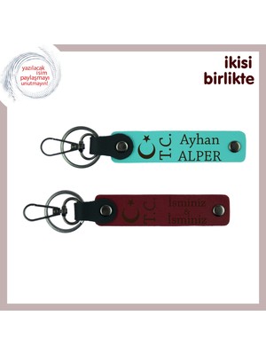 Aşkınızı Ay Yıldız Tcla Ölümsüzleştirin – Isme Özel Deri Anahtarlık Hediye Takımı, Turkuaz-Bordo