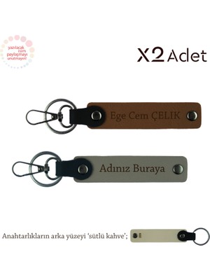 Babaya Yılbaşı Hediyesi, Isim & Soyisim Yazılı 2’li Anahtarlık Seti, Kül Gri-Açık Kahve-Sütlü Kahve