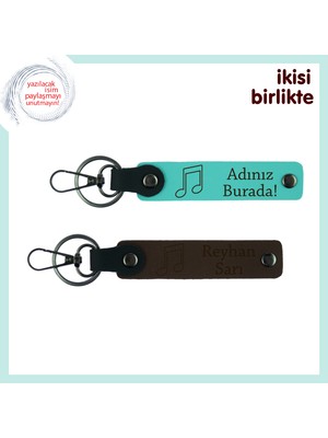 Hayatın Ritmiyle Özgünleşen Hediye, Kişisel Isim Yazılı Deri Anahtarlık Seti, Turkuaz-Koyu Kahve