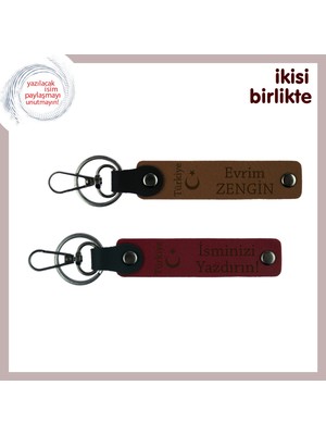 Arkadaşa Hediye, Ayyıldız ve Türkiye Desenli Isim Yazılı 2’li Anahtarlık Seti, Açık Kahve-Bordo