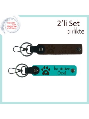 Hayvan Sever Çiftlere Ortak Tasarım, Pati Kalpli 2’li Hediyelik Deri Set, Koyu Kahve-Koyu Turkuaz
