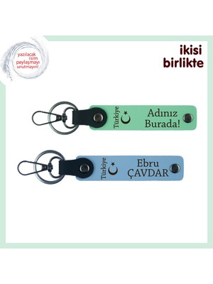 Komşuya Ince Sürpriz, Ayyıldız ve Türkiye Temalı Isim Yazılı 2’li Anahtarlık Hediyesi, Yeşil-Mavi