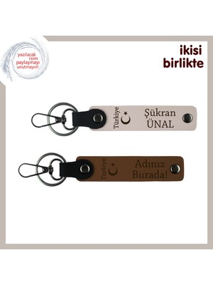 Sevgilinin Ismiyle Özelleşen Hediye – Ayyıldız ve Türkiye Temalı Deri Anahtarlık Seti, Pudra-Kahve