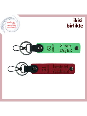 Trabzonlu Sevgiliye Uygun Deri Anahtarlık, Isim Yazılabilen Özel Armağan, Fıstık Yeşil-Kırmızı