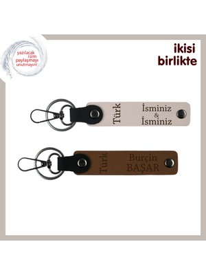 Sevgilinin Ismiyle Özelleşen Hediye – Türk Yazısı Temalı Deri Anahtarlık Seti, Pudra-Kahve