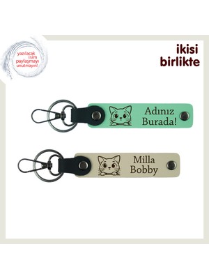 Kediyle Yaşayan Takımlere Ortak Hatıra, Isimli Anahtarlık Takımı X2’li, Açık Yeşil-Sütlü Kahve