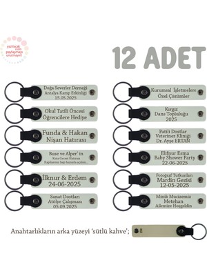 Düğün Gününüze Anı, 12'li Set, Üzerine Isim Yazılı Özel Deri Anahtarlık Hediyesi, Beyaz & S Kahve