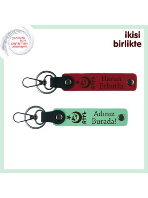 Üzerine Isim Yazılan Ayyıldız Kurt Göktürk Tasarımlı Kişisel Deri Anahtarlık Seti X2, Kırmızı-Yeşil