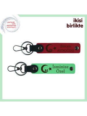 Çocuk ve Ayyıldız  Deri Anahtarlık Takımı, Kişiye Isme Özel 2’li Hediyelik Set, Kırmızı-Yeşil