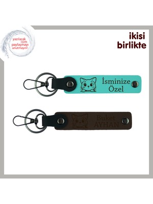 Evcil Kediye Verilen Ortak Isimle Özelleştirilen Hediye, Deri Anahtarlık Takımı, Turkuaz-Koyu Kahve