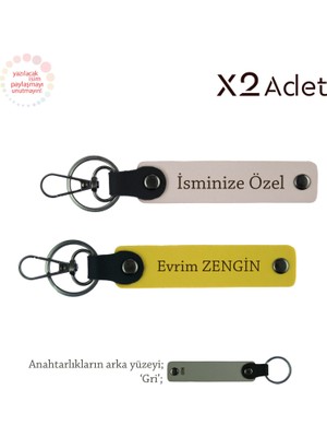 Patrona 14 Şubat Jest, Isim & Soyisim Kişiselleştirilmiş 2’li Anahtarlık, Pudra-Sarı-Gri