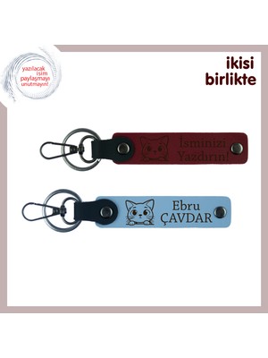 Anneye ve Kedisine Ortak Hediye, Kişisel Isim Yazılabilen Deri Anahtarlık X2’li, Bordo-Gök Mavi