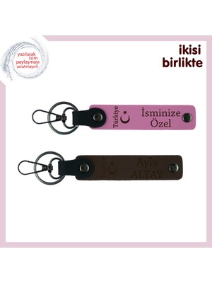 Sevgiliye Ayyıldız ve Türkiye Temalı Armağan – Isim Yazılabilir Deri Anahtarlık Seti, Pembe-Kahve