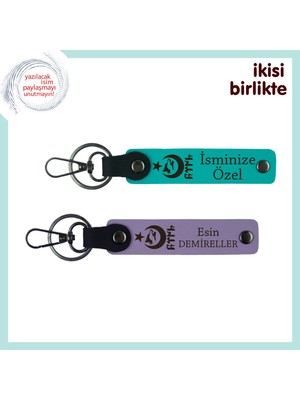 Doktora Teşekkür Hediyesi – Ayyıldız Kurt Göktürk Desenli Deri Anahtarlık Seti, Koyu Turkuaz-Mor