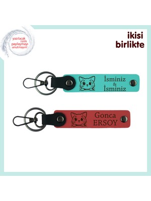 Beraber Sahiplendiğiniz Minik Dosta Ortak Hatıra, Isimli Kedili Anahtarlık Takım, Turkuaz-Nar Çiçeği