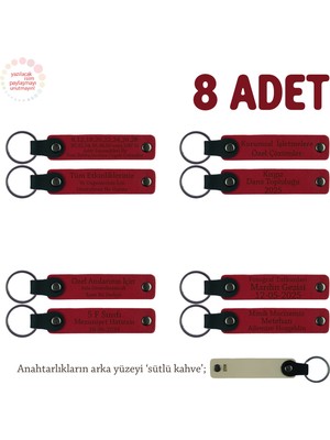Kurumsal Eğitimcilere Teşekkür Hediyesi, 8'li Set, Kişiye Özel Yazılı Anahtarlık, Kırmızı & S Kahve