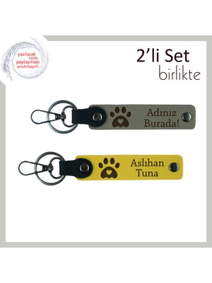 Kedi Isimli Kişisel Anahtarlık, Kalpli Pati Temalı 2'li Deri Hediyelik Set, Kül Gri-Sarı