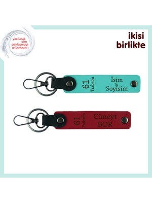 Askere Giden Trabzonluya Moral Hediye, 61 Yazılı Deri Anahtarlık Çifti, Turkuaz-Kırmızı