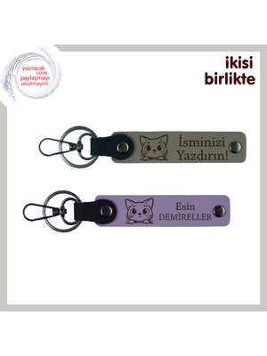 Patilerle Başlayan Aşkınıza Özel Hediyelik, Kedi Motifli Deri Anahtarlık Takımı, Gri-Mor Menekşe