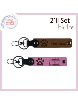 Köpeğini Sevenlere Anlamlı Hediye, Pati Kalpli 2’li Deri Anahtarlık Seti, Açık Kahve-Pembe