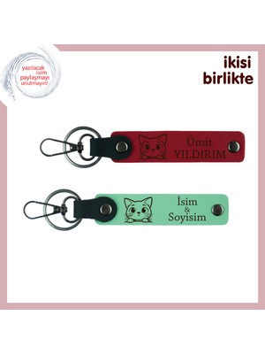 Kedisever Sevgiliye Kalıcı Hatıra, Kedi Temalı Deri Anahtarlık Seti, Kırmızı-Açık Yeşil