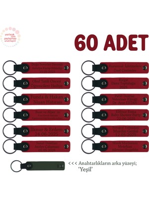 Otellere Özel Hediye, 60'lı Set, Isimli Kurumsal Kimliğe Uygun Deri Anahtarlık, Kırmızı & Yeşil