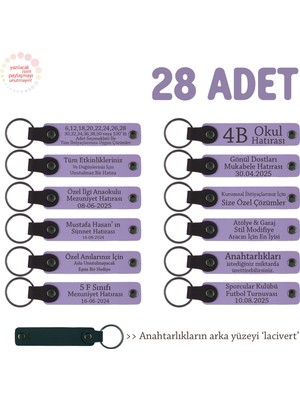 Arkadaş Grubuna Ortak Hediye 28'li Set, Kişiselleştirilebilir Yazılı Deri Anahtarlık, Mor & Lacivert