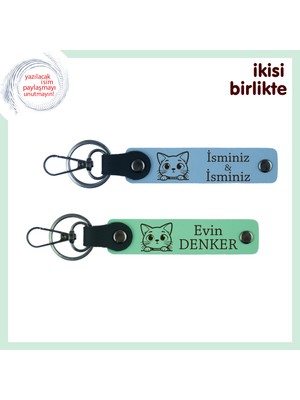 Minik Patili Aile Üyesine Özel Hediye, Kişiye Özel Kedili Anahtarlık Takımı, Gök Mavi-Açık Yeşil
