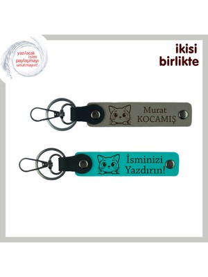 Ilk Kedinizin Adıyla Özelleştirilebilen Sevimli Hediye, Patili Deri Anahtarlık Seti, Gri-K Turkuaz