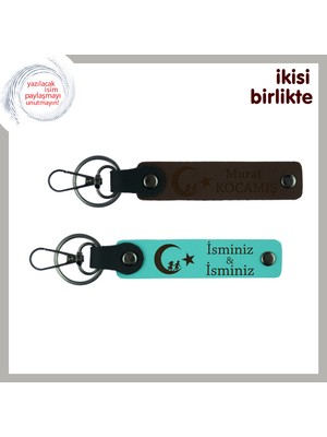 Annene Vatan Temalı Armağan – Çocuk ve Ayyıldız Isimli Anahtarlık Seti 2'li, Koyu Kahve-Turkuaz