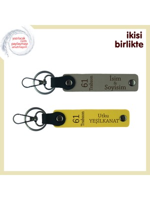 Trabzonlu Nişanlıya Romantik Armağan, 61 Yazılı Deri Anahtarlık Takımı, Isim Yazılı, Kül Gri-Sarı