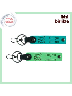 Sevgilinizle Kurulan Kedili Dünyaya Armağan, Yazılabilir Deri Anahtarlık Seti, Koyu Turkuaz-F Yeşil