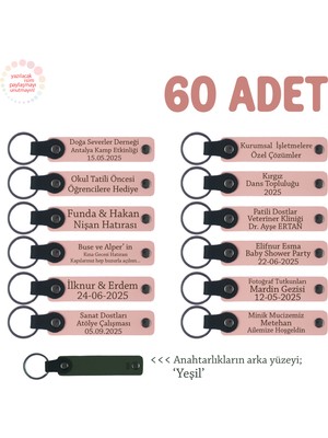 Otellere Özel Hediye, 60'lı Set, Isimli Kurumsal Kimliğe Uygun Deri Anahtarlık, Pudra & Yeşil