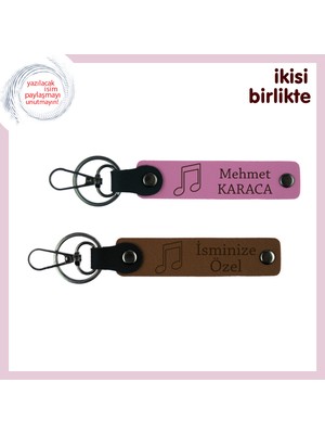 Müziksever Aileye Ortak Kullanıma Uygun Hediye, Kişisel Deri Anahtarlık Takımı, Pembe-Açık Kahve