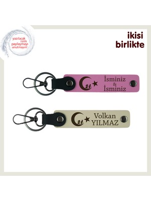 Sevgiline Çocuk ve Ayyıldız Işığında Anlamlı Hediye – Kişiye Özel Anahtarlık Seti, Pembe-S Kahve