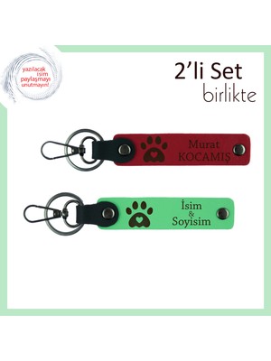 Köpek Sahibi Eşe Uygun Hediyelik, Kalpli Pati Motifli Kişisel Anahtarlık Takım, Kırmızı-Fıstık Yeşil