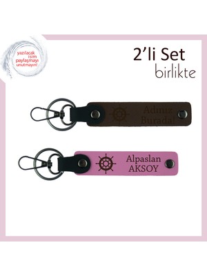 Eşinize Yön Veren Zarif Hediye, Kişisel Isim Tasarımlı Anahtarlık Seti, Koyu Kahve-Pembe