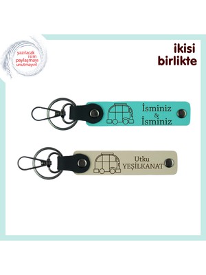 Yolda Olmanın Huzurunu Simgeler, Karavanlı Kişisel Deri Anahtarlık Set, Isim Yazılı, Turkuaz-S Kahve