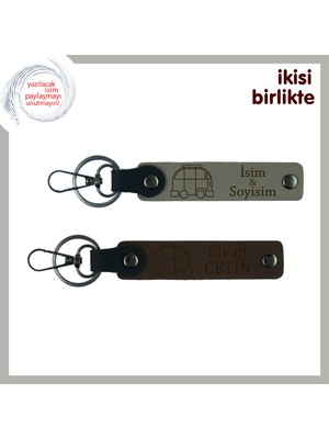 Ismini Üzerinde Taşıyan Yol Arkadaşı, Karavan Temalı Deri Anahtarlık, Kül Gri-Koyu Kahve