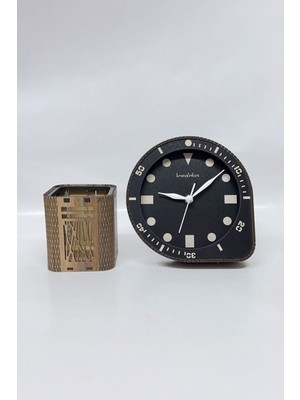 Şık Ahşap Oval Masa Saati ve Kalemlik, Sessiz Mekanizma, Ev ve Ofis Dekoru