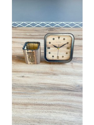 Ahşap Masa Saati ve Kalemlik, Sessiz Mekanizma, Ofis ve Ev Dekorasyonu